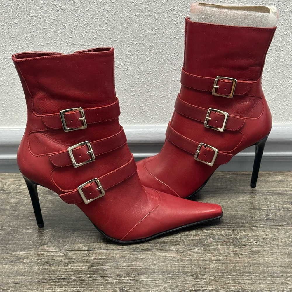 Type Z Red Pointed 4” Stiletto Ankle Boots with Three Buckle Straps